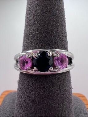 .925 Sterling Silver Three-Stone Blue and Pink Lab Created Sapphire Ring - Sz 8